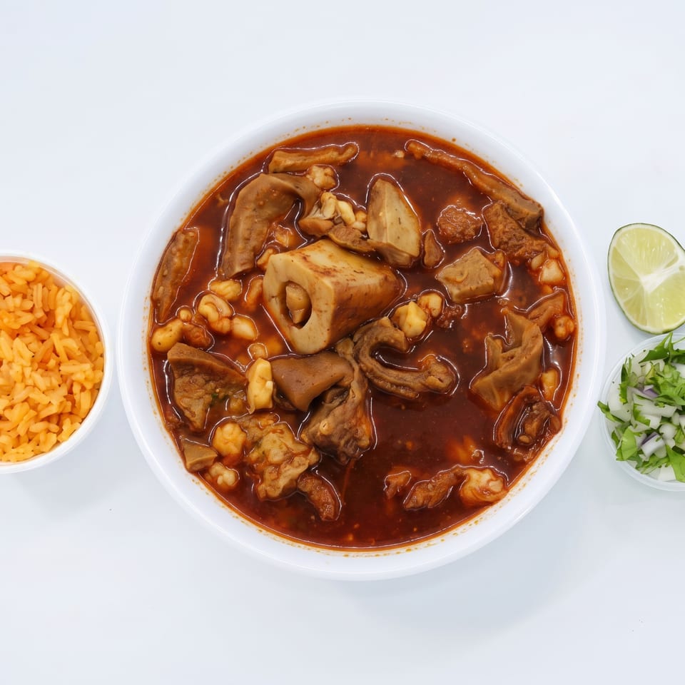 Hearty menudo soup with rice, lime, and chopped onion and cilantro on a white background.