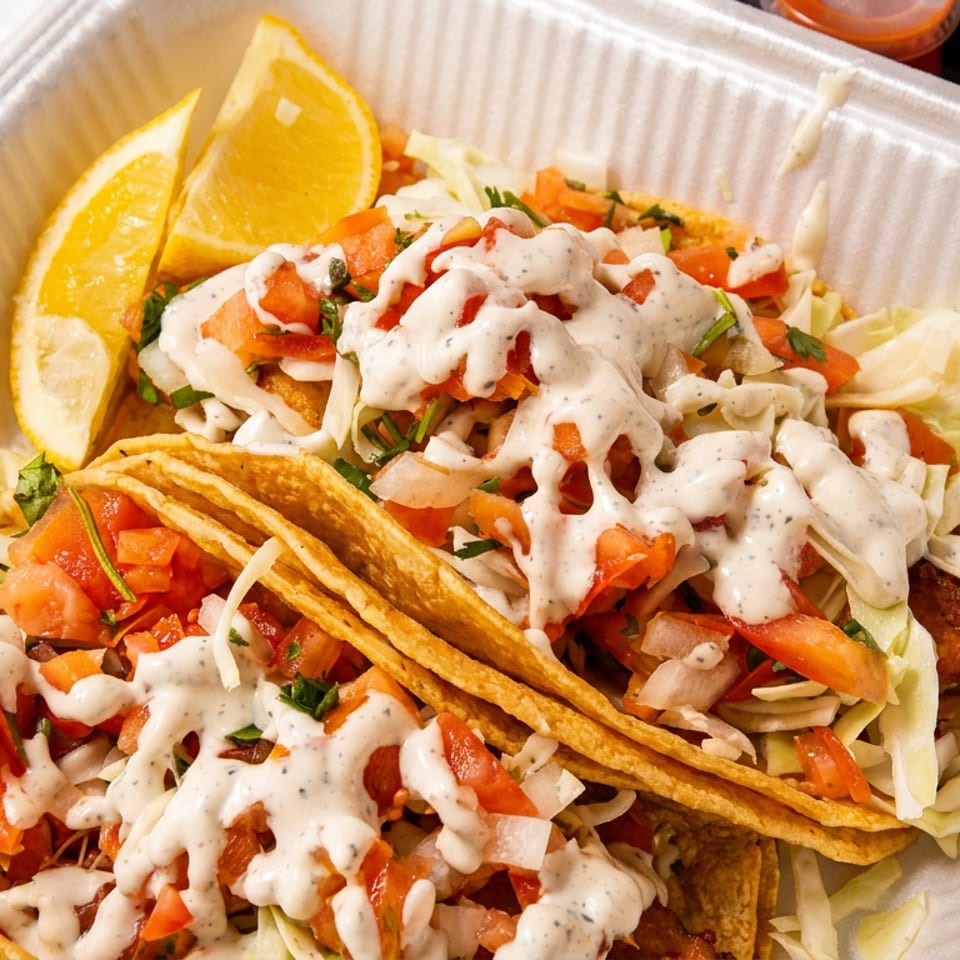 Two fish tacos with cabbage, diced tomatoes, creamy sauce, and orange slices in a takeout container.